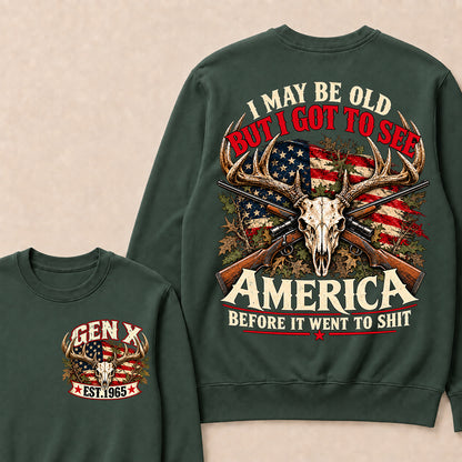 Funny Gen X Hunter Crewneck, Vintage Deer Skull American Flag Tee, Retro 1965 Hunting Gift, Patriotic Hunter Crewneck