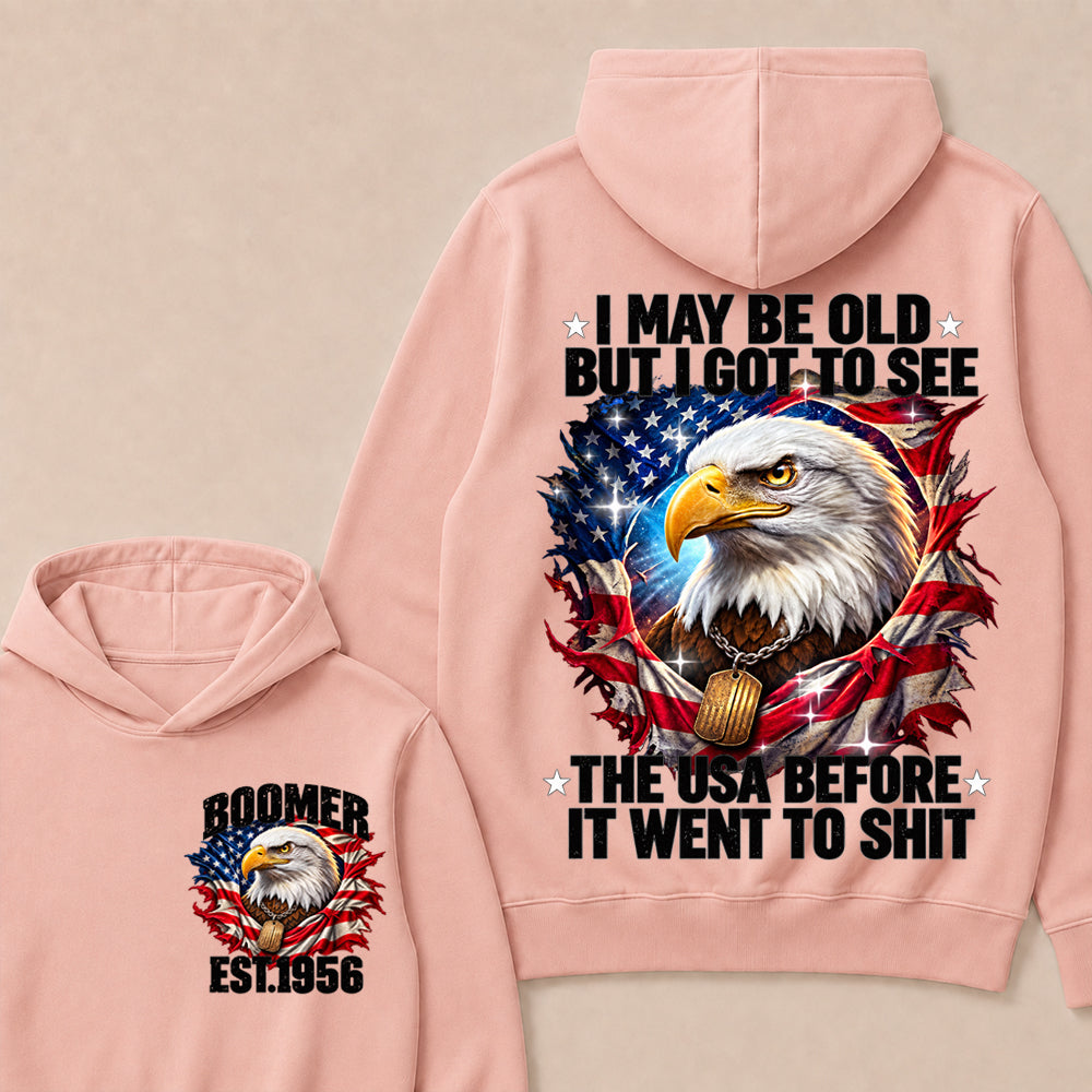 Boomer EST.Year I May Be Old But I Got To See America Longhorn Skull Retro Patriotic Eagle Hoodie