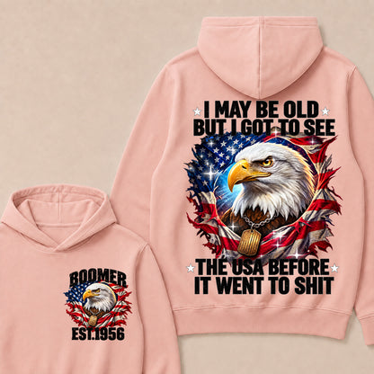 Boomer EST.Year I May Be Old But I Got To See America Longhorn Skull Retro Patriotic Eagle Hoodie