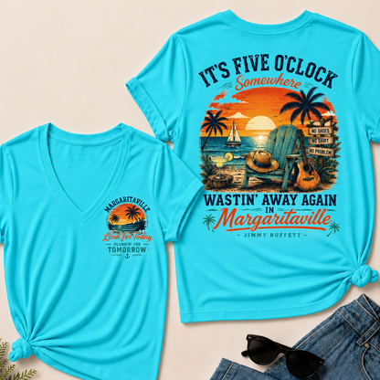 It's Five O'clock Somewhere Wastin' Away Again In Margaritaville Jimmy Buffett V-Neck T-Shirt