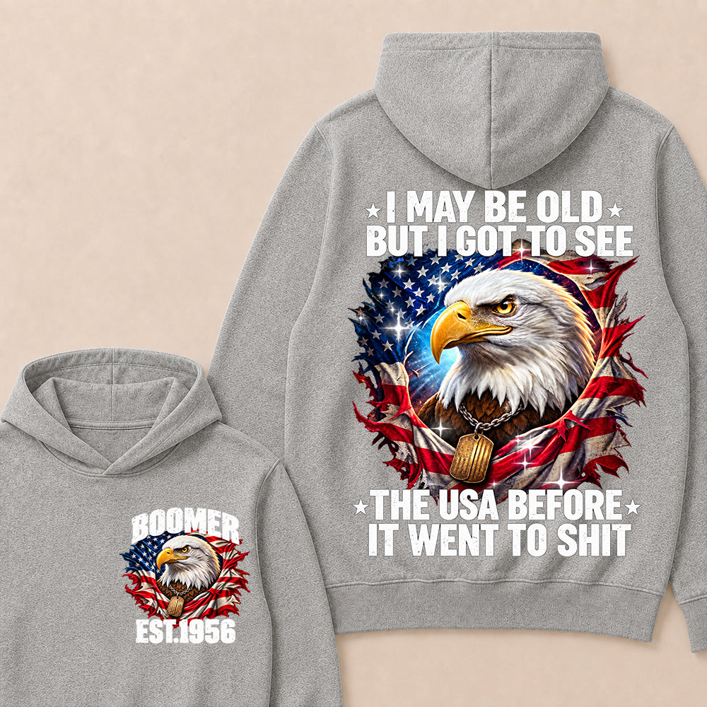 Boomer EST.Year I May Be Old But I Got To See America Longhorn Skull Retro Patriotic Eagle Hoodie