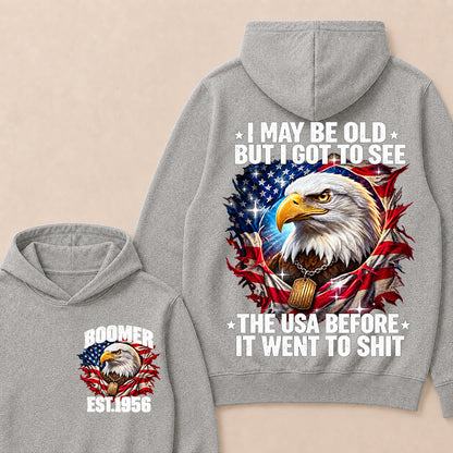 Boomer EST.Year I May Be Old But I Got To See America Longhorn Skull Retro Patriotic Eagle Hoodie