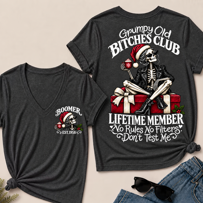 Grumpy Old Bitches Club Lifetime Member – Boomer Custom EST. Year Christmas Skeleton Women’s V-Neck T-Shirt