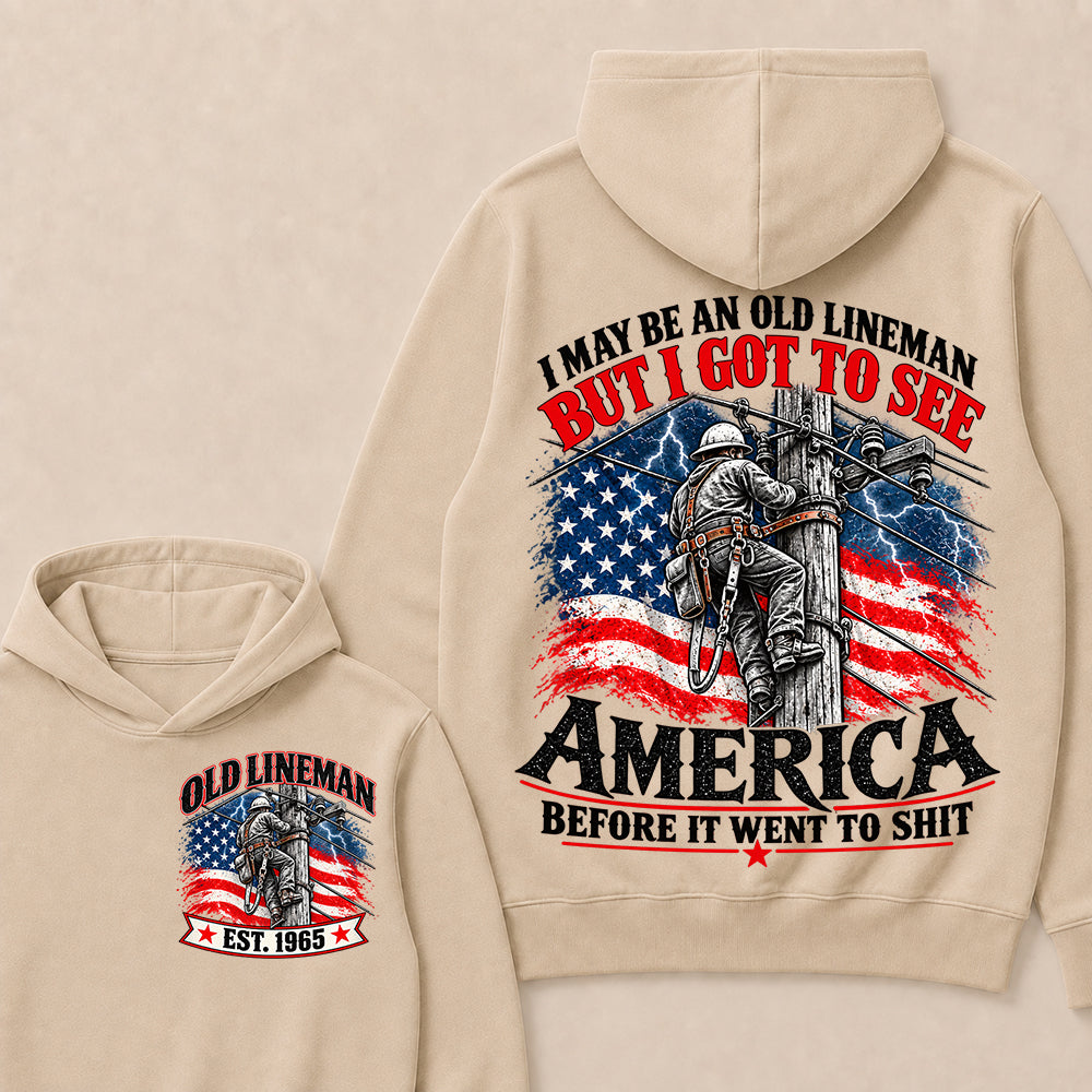 Funny Old Lineman American Flag Hoodie, Vintage Electrician Lineman Gift, Patriotic USA Powerline Worker Tee, Retro 1965 Lineman Hoodie