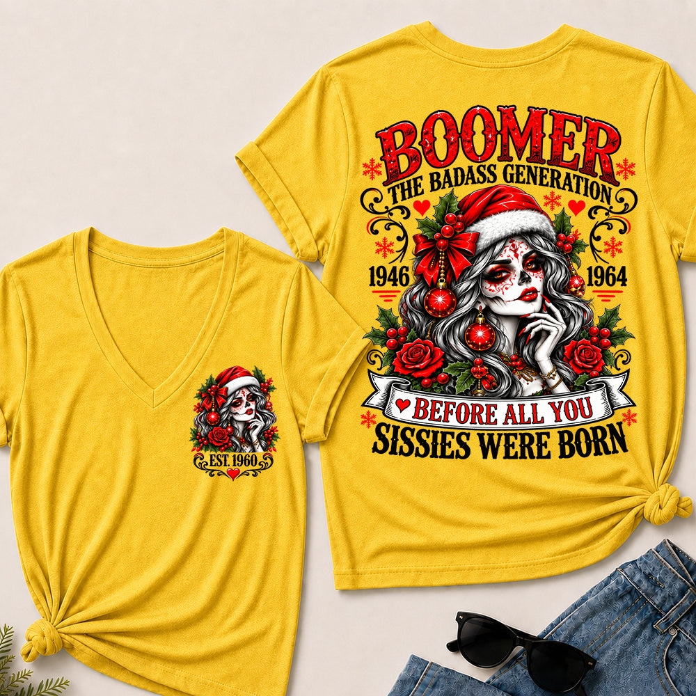 Boomer The Badass Generation – Christmas Sugar Skull Women's V-Neck T-Shirt