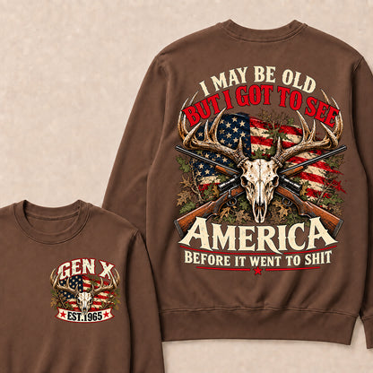 Funny Gen X Hunter Crewneck, Vintage Deer Skull American Flag Tee, Retro 1965 Hunting Gift, Patriotic Hunter Crewneck