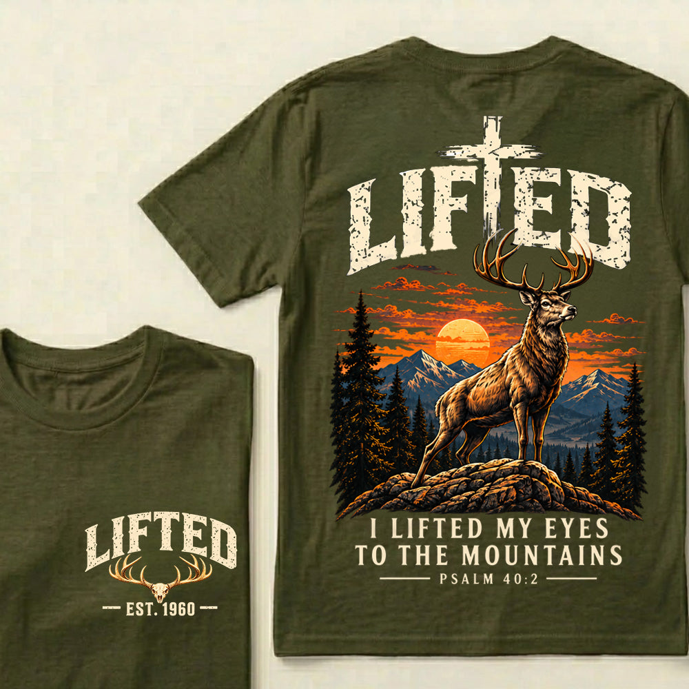 Custom EST.Year Lifted I Lifted My Eyes To The Mountains – Christian Deer & Mountain Graphic Tee