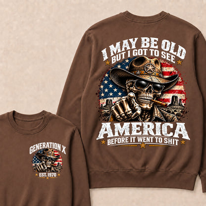 Generation X EST.Year Cowboy Skull American Flag T-Shirt I May Be Old But I Got To See America Vintage Western Patriotic Sweatshirt