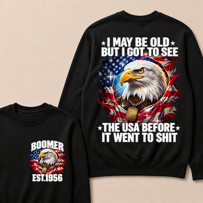 Boomer EST.Year I May Be Old But I Got To See America Longhorn Skull Retro Patriotic Eagle Sweatshirt