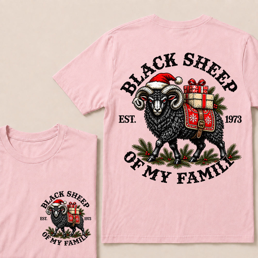 Black Sheep of My Family – Custom EST. Year Christmas Ram & Gifts Graphic T-Shirt