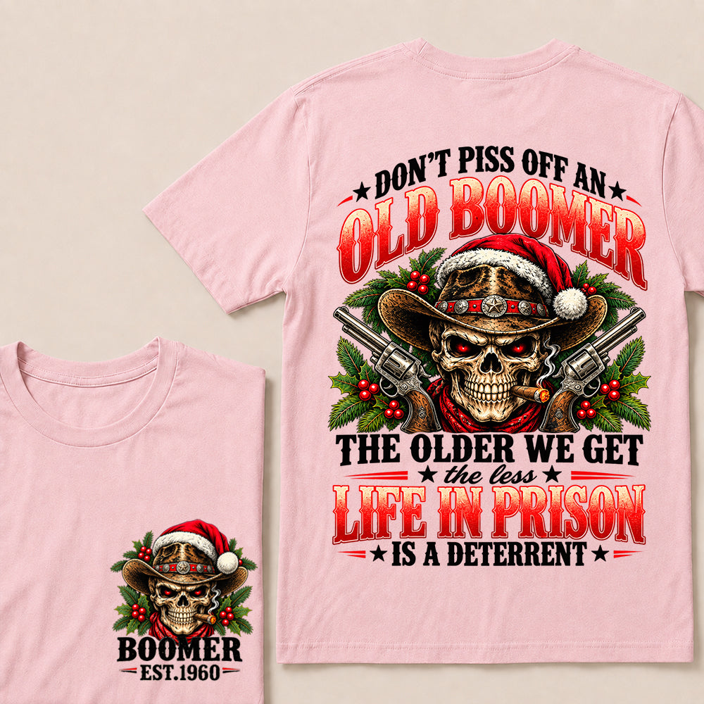 Don’t Piss Off an Old Boomer – Custom EST.Year Christmas Cowboy Skull & Crossed Revolvers T-Shirt