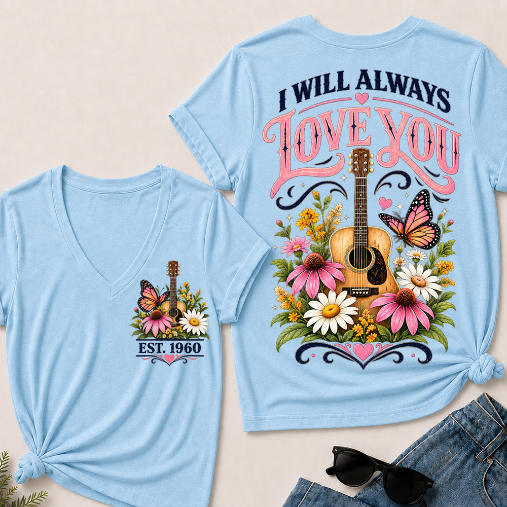 I Will Always Love You – Custom EST.Year Floral Guitar & Butterfly Women’s V-Neck T-Shirt