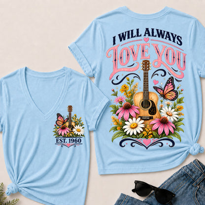 I Will Always Love You – Custom EST.Year Floral Guitar & Butterfly Women’s V-Neck T-Shirt