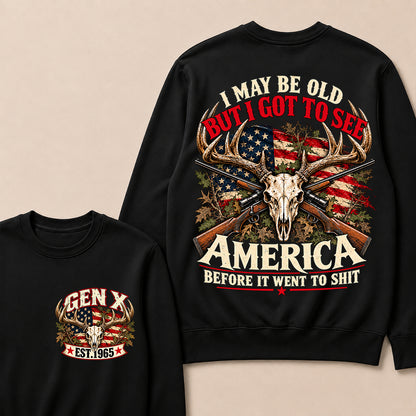 Funny Gen X Hunter Crewneck, Vintage Deer Skull American Flag Tee, Retro 1965 Hunting Gift, Patriotic Hunter Crewneck