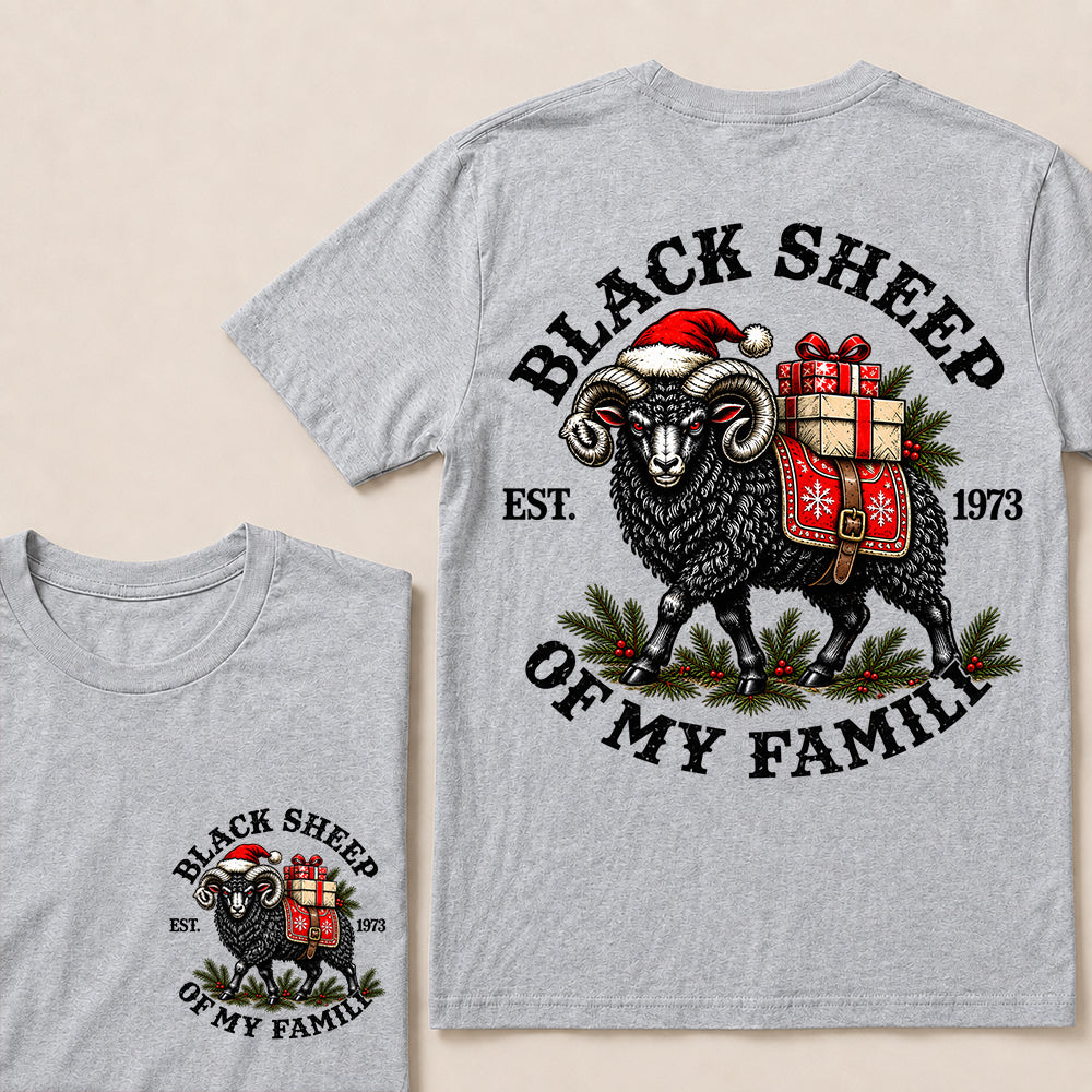 Black Sheep of My Family – Custom EST. Year Christmas Ram & Gifts Graphic T-Shirt