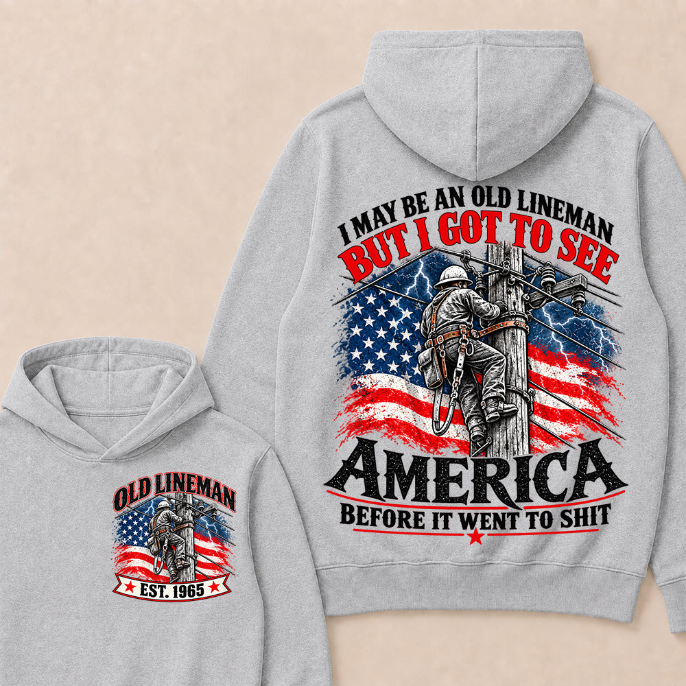 Funny Old Lineman American Flag Hoodie, Vintage Electrician Lineman Gift, Patriotic USA Powerline Worker Tee, Retro 1965 Lineman Hoodie