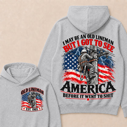 Funny Old Lineman American Flag Hoodie, Vintage Electrician Lineman Gift, Patriotic USA Powerline Worker Tee, Retro 1965 Lineman Hoodie