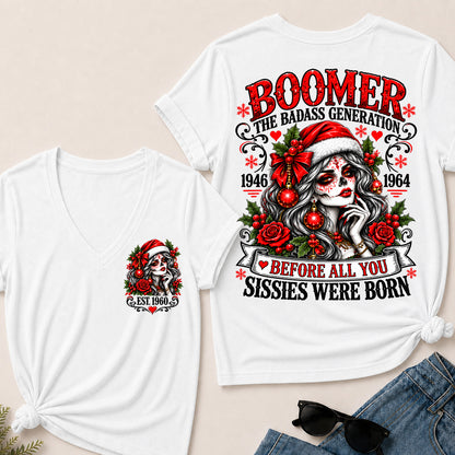 Boomer The Badass Generation – Christmas Sugar Skull Women's V-Neck T-Shirt