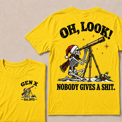 Oh Look! Nobody Gives a Shit – Gen X Custom EST. Year Christmas Skeleton & Telescope T-Shirt