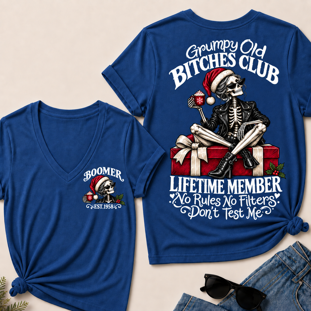 Grumpy Old Bitches Club Lifetime Member – Boomer Custom EST. Year Christmas Skeleton Women’s V-Neck T-Shirt