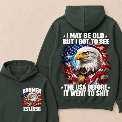 Boomer EST.Year I May Be Old But I Got To See America Longhorn Skull Retro Patriotic Eagle Hoodie