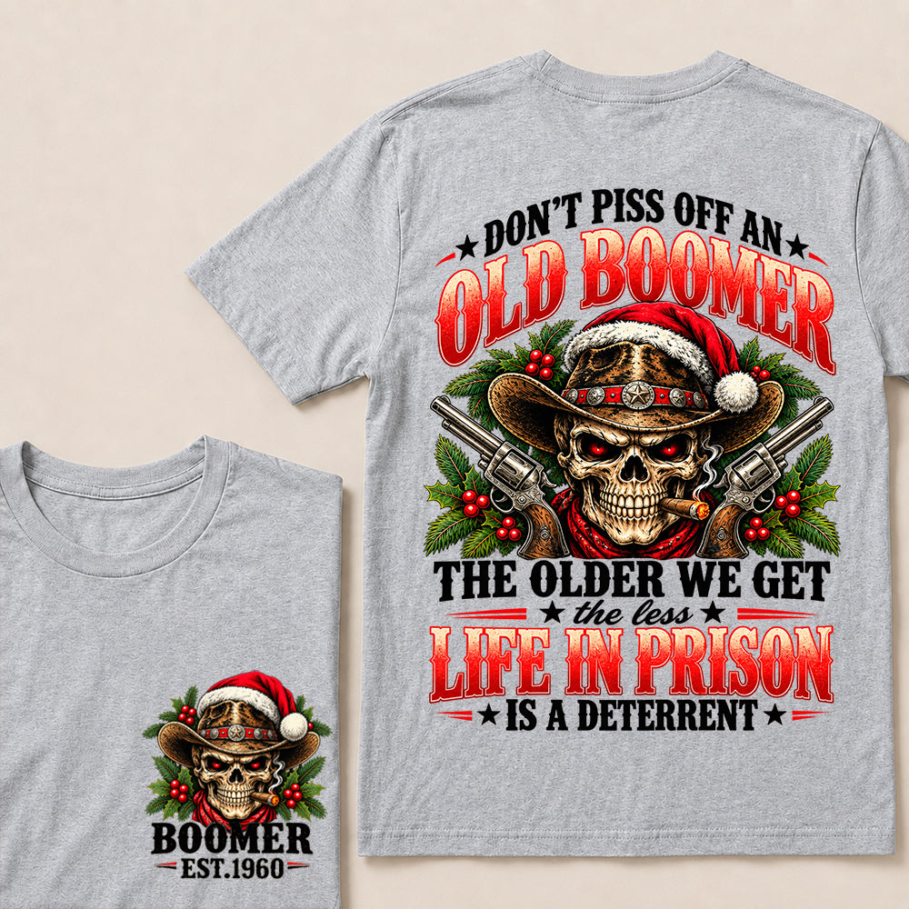 Don’t Piss Off an Old Boomer – Custom EST.Year Christmas Cowboy Skull & Crossed Revolvers T-Shirt