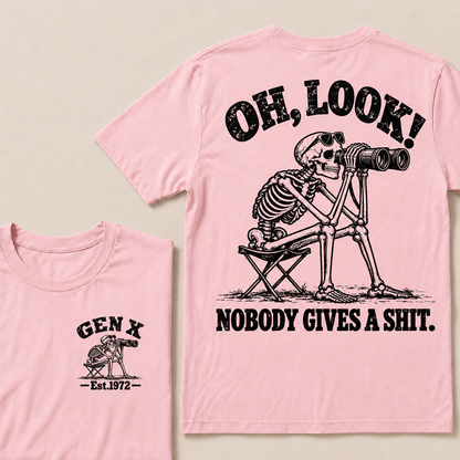 Oh Look! Nobody Gives a Shit – Gen X Custom EST. Year Skeleton & Binoculars T-Shirt