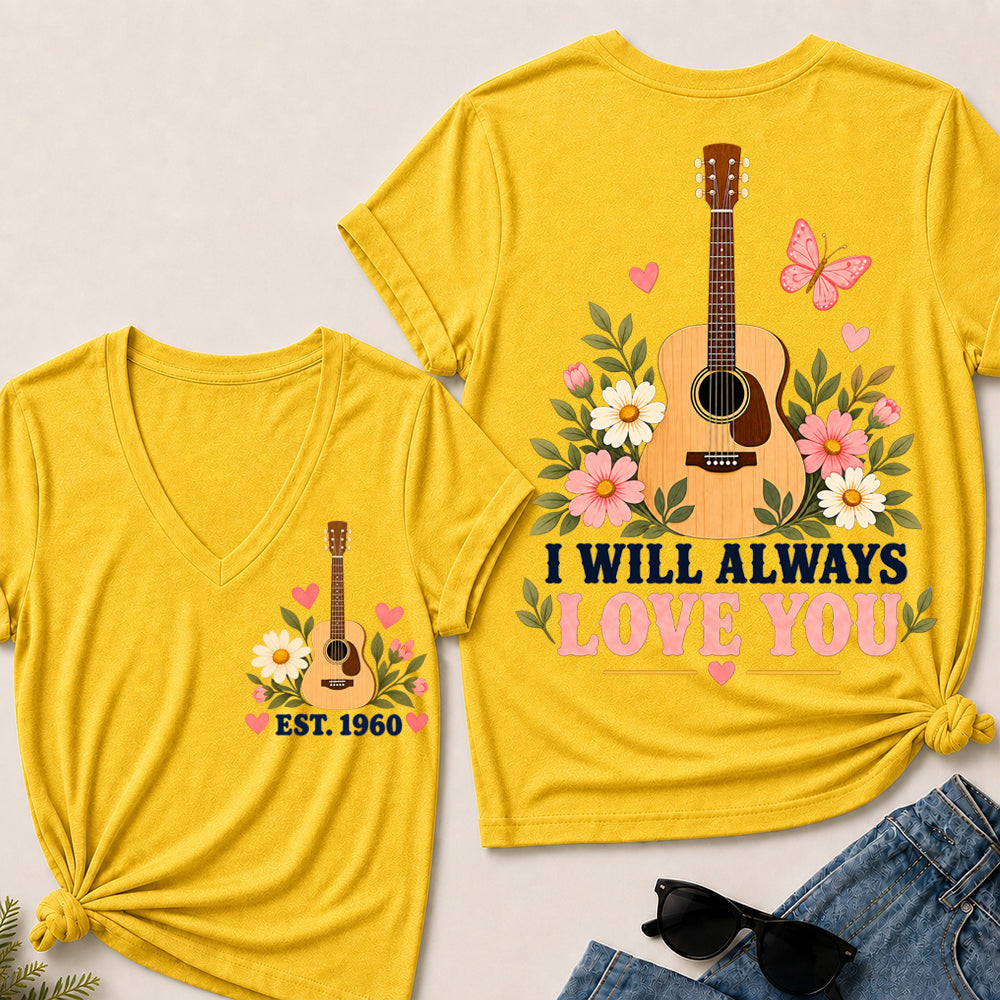 I Will Always Love You – Custom EST.Year Floral Acoustic Guitar Women’s V-Neck T-Shirt