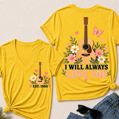 I Will Always Love You – Custom EST.Year Floral Acoustic Guitar Women’s V-Neck T-Shirt
