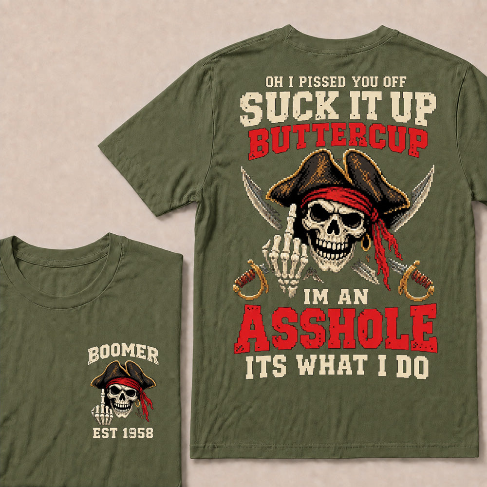 Retro Pixel Pirate Skull T-Shirt | Crossed Cutlasses & Red Bandana "Suck It Up" Graphic Tee