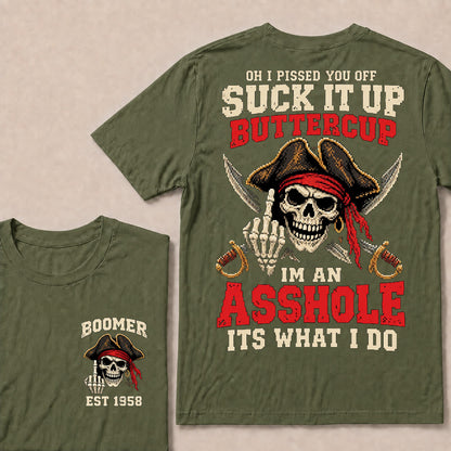 Retro Pixel Pirate Skull T-Shirt | Crossed Cutlasses & Red Bandana "Suck It Up" Graphic Tee