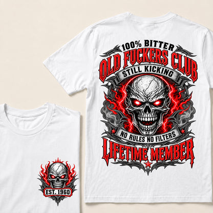 100% Bitter Old Fuckers Club Lifetime Member – Custom EST.Year Red-Eyed Skull Graphic T-Shirt