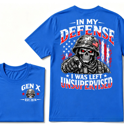 Gen X EST.Year In My Defense I Was Left Unsupervised Soldier Skull American Flag Graphic T-Shirt
