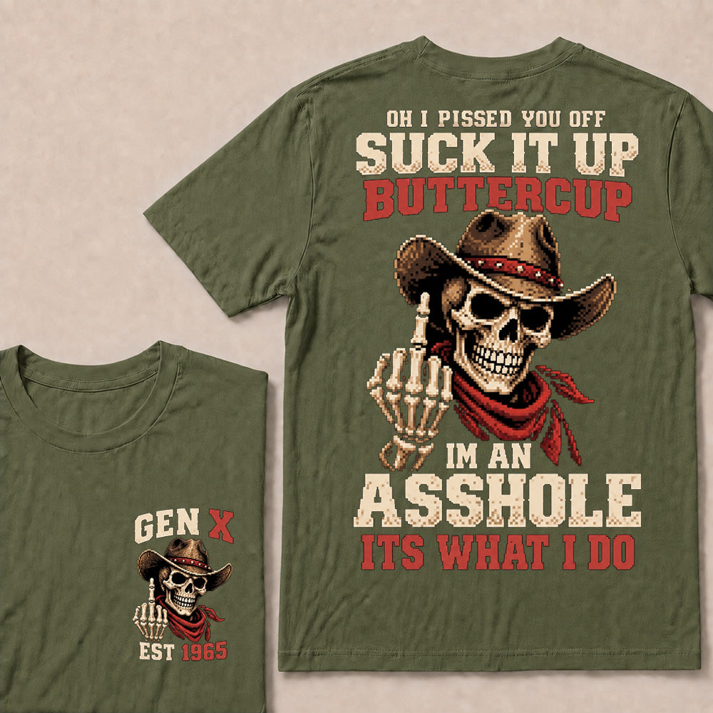 Retro Pixel Cowboy Skull Graphic Tee | "Suck It Up Buttercup" Gen X Sarcastic T-Shirt