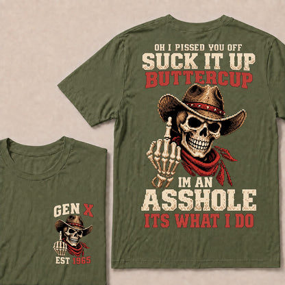 Retro Pixel Cowboy Skull Graphic Tee | "Suck It Up Buttercup" Gen X Sarcastic T-Shirt