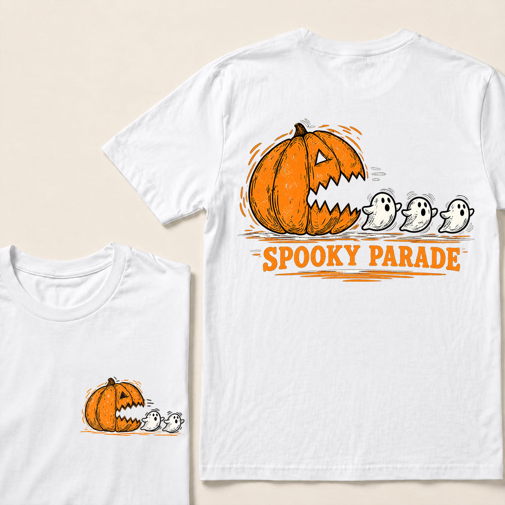 Spooky Parade – Vintage Halloween Pumpkin & Ghosts Graphic T-Shirt