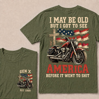 Vintage American Motorcycle & Cross T-Shirt | Patriotic Biker "I May Be Old" Graphic Tee