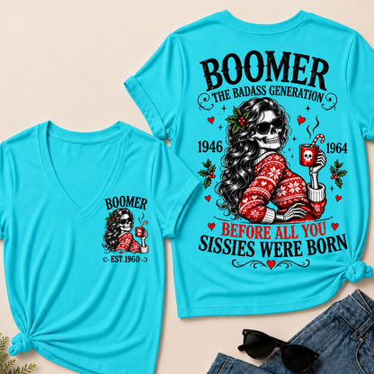 Boomer The Badass Generation Before All You Sissies Were Born – Custom EST. Year Christmas Sweater Skeleton Women’s V-Neck T-Shirt
