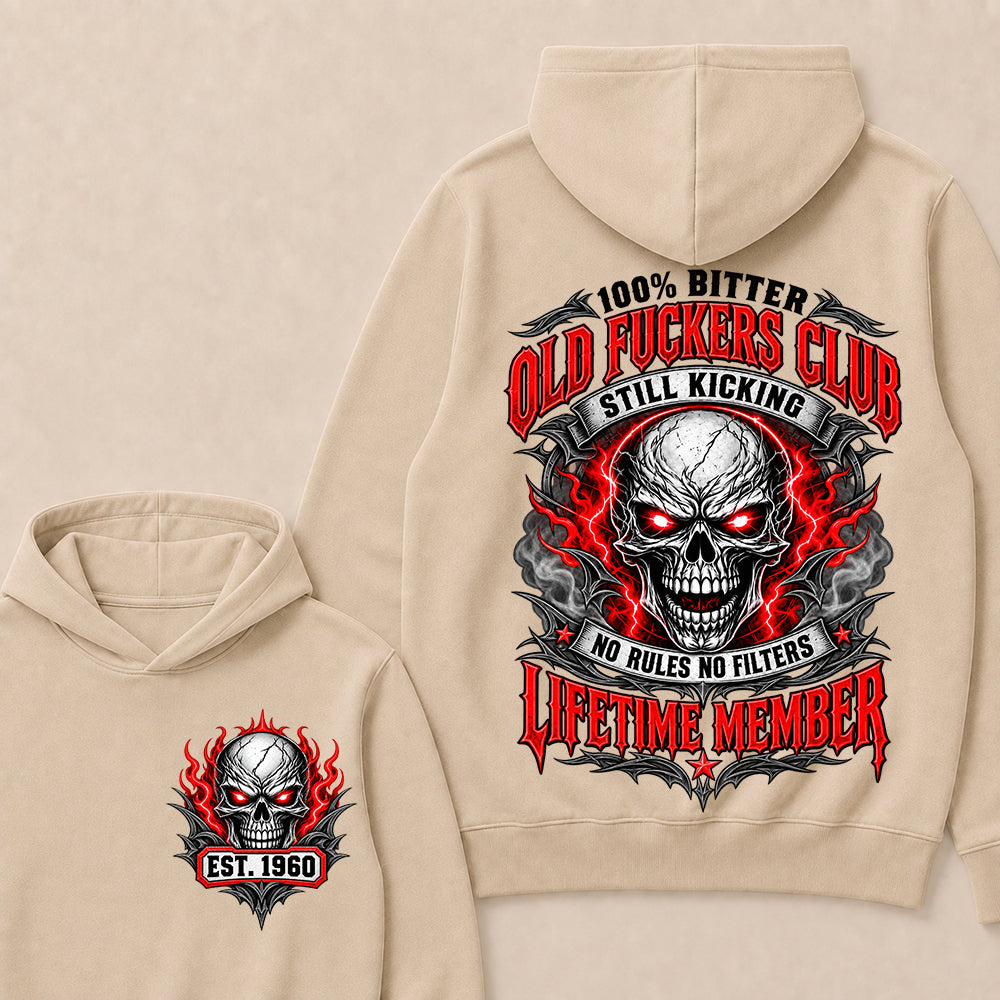 100% Bitter Old Fuckers Club Lifetime Member – Custom EST.Year Red-Eyed Skull Graphic Hoodie