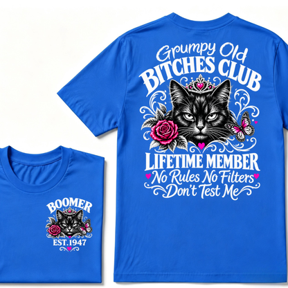 Boomer EST.Year Grumpy Old Club Crown Cat Rose Butterfly Sarcastic Graphic T-Shirt