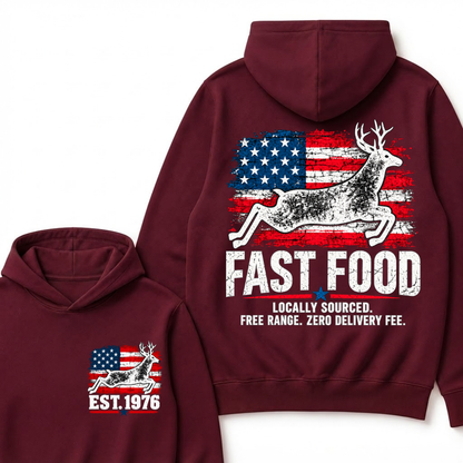 Fast Food Deer Hunting T-Shirt, Locally Sourced Free Range Zero Delivery Fee Vintage American Flag EST.Year Hunter Graphic Hoodie