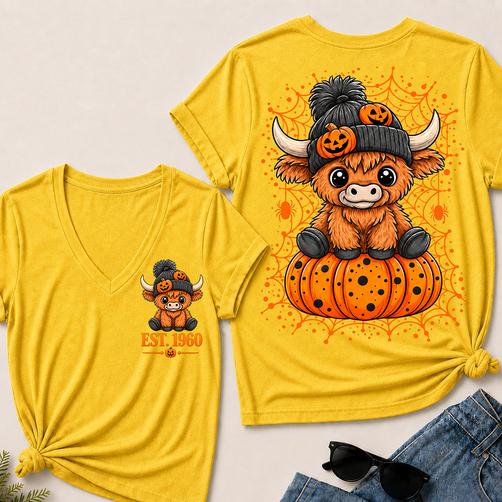 Custom EST.Year Cute Halloween Highland Cow & Pumpkin Women’s V-Neck T-Shirt