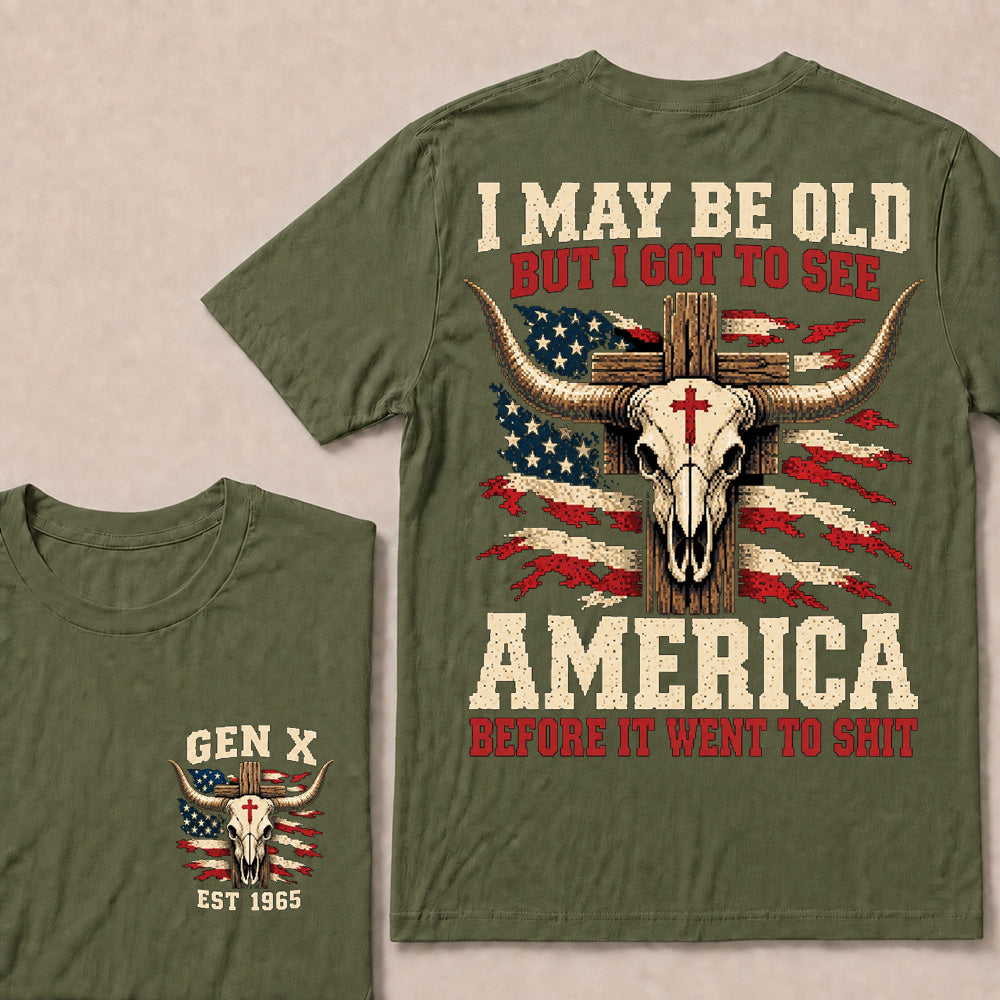 Retro Western Cow Skull & Cross Tee | Distressed American Flag Patriotic Graphic T-Shirt