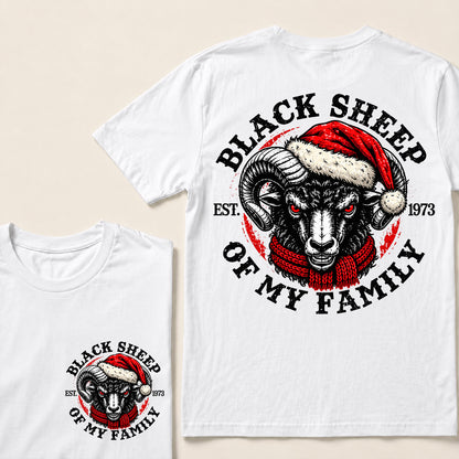 Black Sheep of My Family – Custom EST. Year Christmas Ram & Red Scarf Graphic T-Shirt