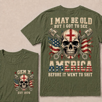 Retro Pixel Crossed Pistons & Skull T-Shirt | Patriotic Biker "I May Be Old" Graphic Tee
