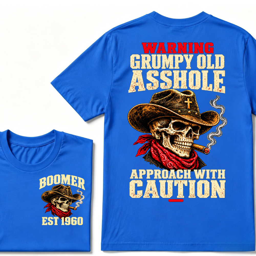 WARNING GRUMPY OLD ASSHOLE APPROACH WITH CAUTION EST.Year Vintage Western Cowboy Skull Tee