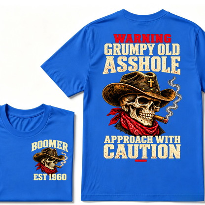 WARNING GRUMPY OLD ASSHOLE APPROACH WITH CAUTION EST.Year Vintage Western Cowboy Skull Tee