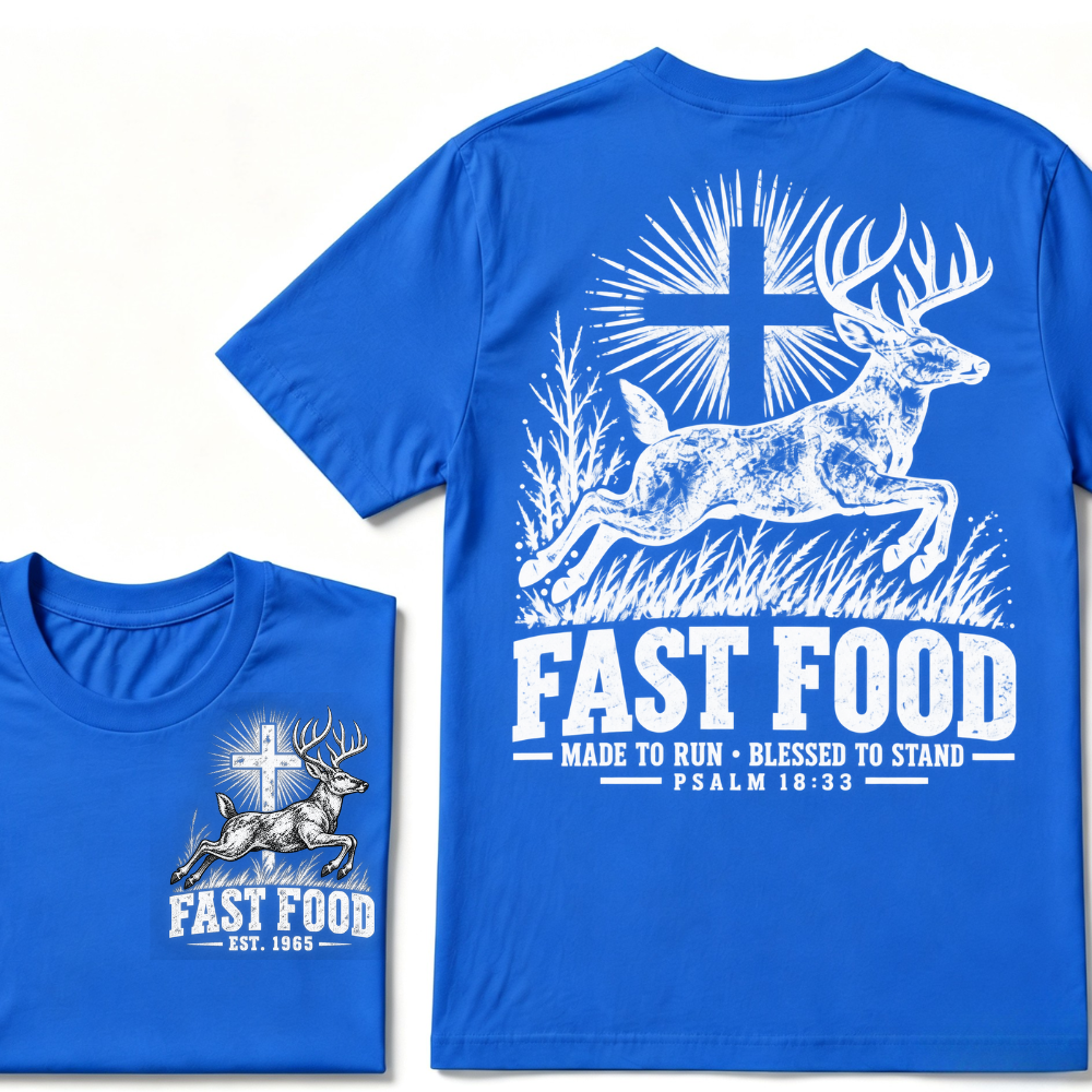 EST.Year Fast Food Made To Run Blessed To Stand Psalm 18:33 Deer Cross Hunting T-Shirt
