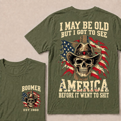 Vintage Western Cowboy Skull T-Shirt | Cross Hat & American Flag "I May Be Old" Graphic Tee