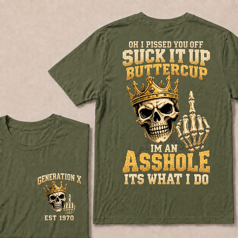 Retro Pixel Gold Crown Skull T-Shirt | "Suck It Up Buttercup" Sarcastic Gen X Tee